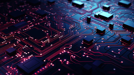 Futuristic board with glowing red and blue lightsの素材