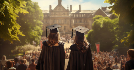 Rear view of university graduates in graduation gown and cap on admission dayの素材