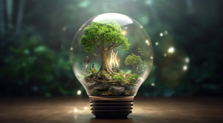 tree growing on a light bulb with sunlight in nature and small plant growth steppe. energy saving and eco conceptの素材