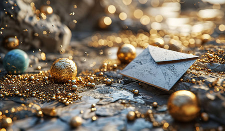 Golden elegance: a mesmerizing combination of gold beads and spheres among textured surfaces illuminated by soft lightの素材