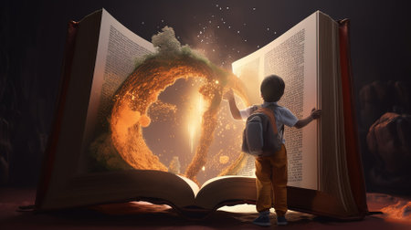 A child with an open magic book explores the world around himの素材