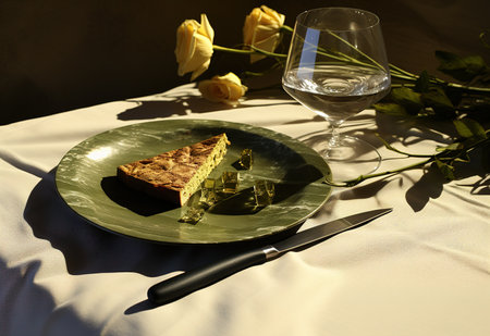 Romantic table setting with silverware on dark green backgroundの素材