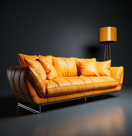 Stylish and modern living space with a bright yellow sofa in a gray roomの素材