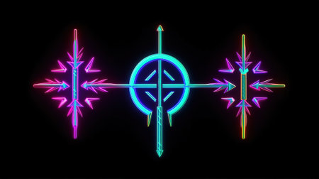 Neon futuristic gear icon. web trading symbol. Arrows, pointers, direction.の素材