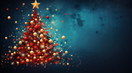 Festive sparkle: Christmas tree illuminated with lights on a red backgroundの素材