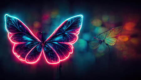 3D Render of Magical glowing neon and fluorescent butterfly in top view.の素材
