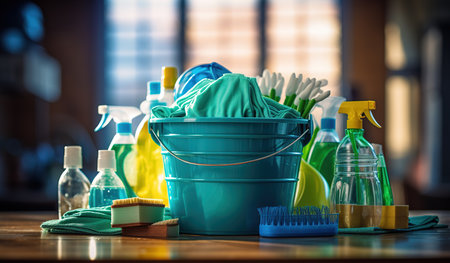 Organized Cleaning Supplies on a Wooden Table in a Sunlit Room: A Collection Ready for Spring Cleaningの素材