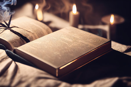 Enchanted book with magic light magical pictures wallpaper or backgroundの素材