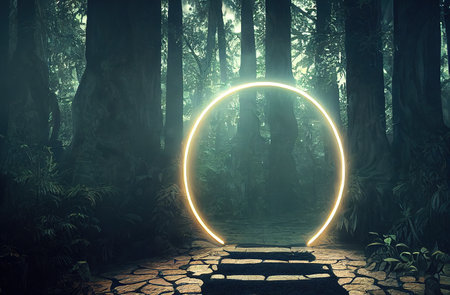 Magical portal with an arch of tree branches in the forestの素材