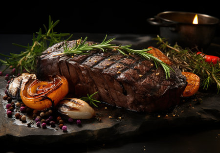 Premium selection of fresh meats, herbs and spices set against a dark rustic background - ideal for culinary presentations and recipesの素材