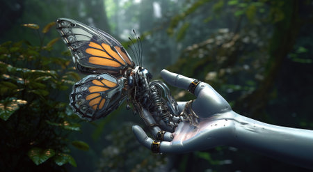 3D rendering of an orange butterfly sitting on a robot armの素材