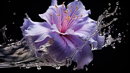 Close-Up of a Stunning Purple Flower with Water Droplets on a Black Background: A Perfect Stock Raster Image for Projects Needing a Touch of Nature and Beautyの素材