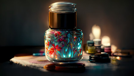 Various types of glass items. jar on the table. Abstract still life with water.  3D, Raster illustration.の素材