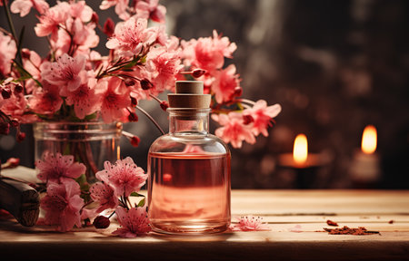 Perfumed rose water in a glass bottle, roses.の素材