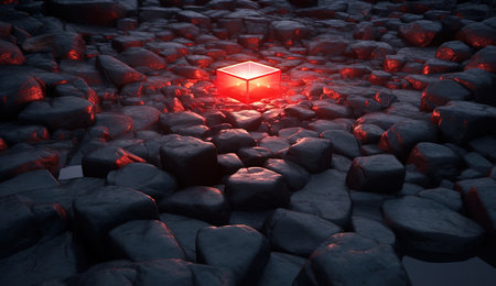 red light square shape on fire on grunge wall backgroundの素材