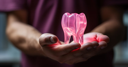 Taking care of dental health: a man holding a large set of denturesの素材