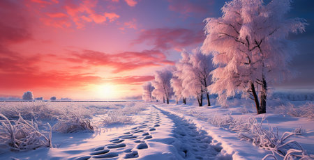 Enchanting twilight: a snowy winter landscape bathed in the warm glow of a bright sunsetの素材