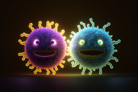 microbes and viruses. Germ characters with funny faces, mascots of bacteria and disease virusesの素材