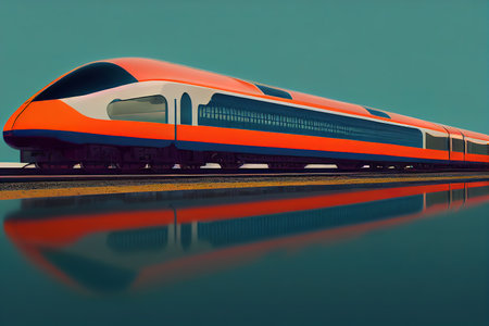High speed fast train passenger locomotive in motion at the railway station city. 3d render, Raster illustration.の素材