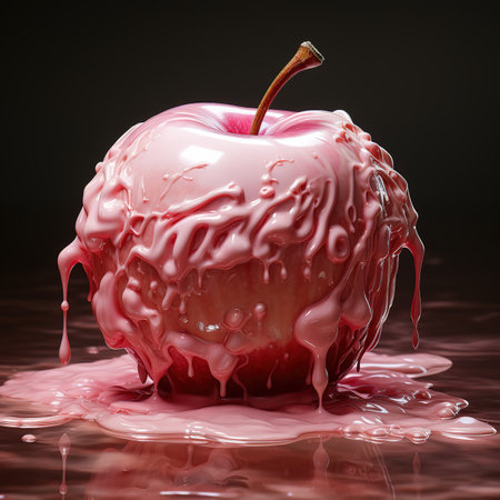 Red apple in caramel, sweets background, caramel, syrup, natural productの素材