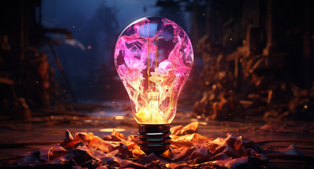 Creative explosion of colored light bulb with shards and paint, creative idea, concept. Business, ideas and discovery of new technologiesの素材