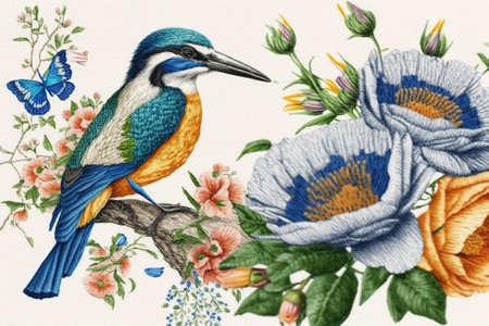 illustration of flowers and birds. Beautiful, animalistic print for your decorの素材
