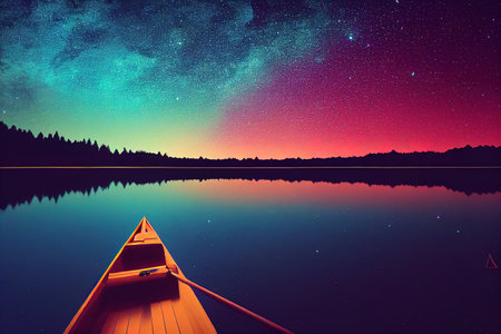 Trees reflecting in a peaceful lake under a beautiful starry sky at night,の素材