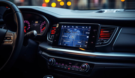 A modern automobile interior with a lighted panel and a navigation system with a city map,の素材