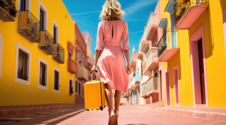Young woman traveler walking with a yellow suitcase. City transport and travel conceptの素材