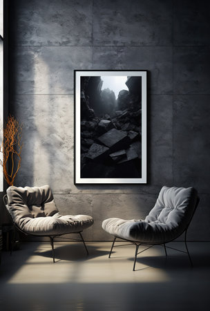 Modern living room interior with abstract black and white artworkの素材