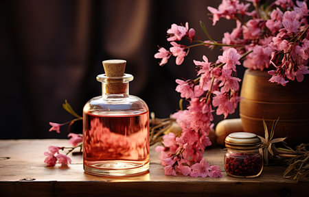 Perfumed rose water in a glass bottle, roses.の素材