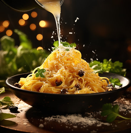 Delicious appetizing classic Italian spaghetti pasta with parmesan cheese and basil on a plate on a dark table.の素材