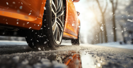 close-up of a car tire driving on a snowy city road illuminated by street lampsの素材