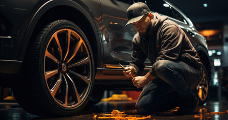 An auto mechanic works in a garage and changes light alloy tires. Car service repair or maintenance.の素材