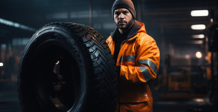 Mechanic holding tire with copy space for repair service center, maintenanceの素材