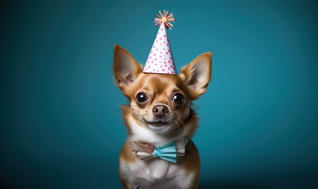 Happy cute dog in party hat celebrating birthdayの素材