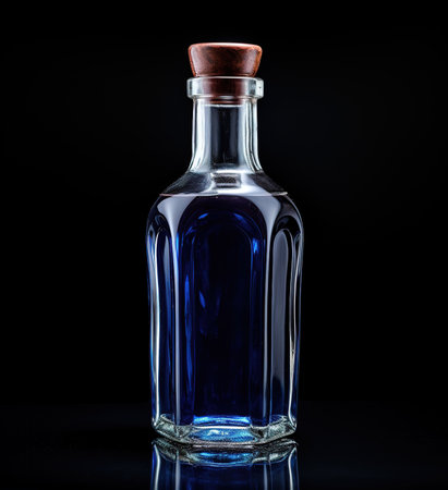 Glass bottle of vodka, gin, rum, liqueur or tequila in neon studio light. isolated on black background.の素材