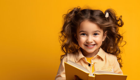 funny smiling schoolgirl holding a book. yellow backgroundの素材