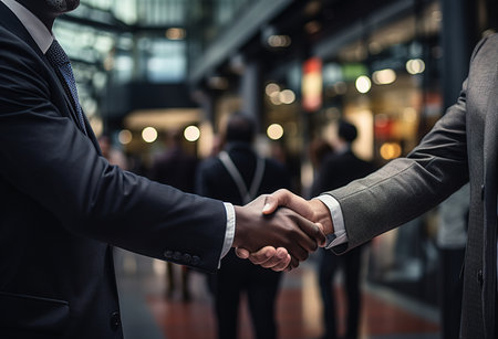 Shot of two businessmen shaking hands in the office. Two smiling businessmen shaking hands while standing in the office. Business people shaking hands ending a meetingの素材