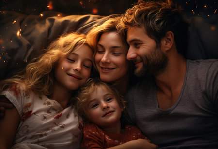 father with children, conversations before bed, growing up in a loving familyの素材