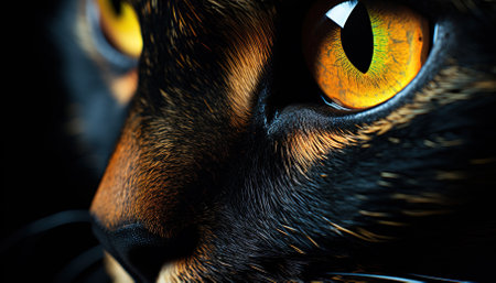 Close-Up Portrait of a Majestic Black Cat with Striking Golden Eyes Against a Warm, Blurred Backgroundの素材