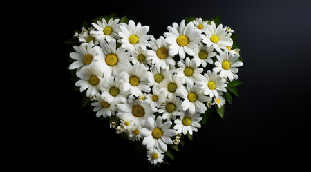 Love in nature: composition of white daisies in the shape of hearts on a dark wooden backgroundの素材
