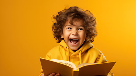 funny smiling schoolgirl holding a book. yellow backgroundの素材