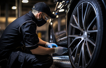 mechanic checking the safety of the car. Servicing damaged parts in the garage. Maintenance. Repair service concept.の素材