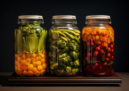 Row of glass tin jars with canned vegetables, food, vegetablesの素材
