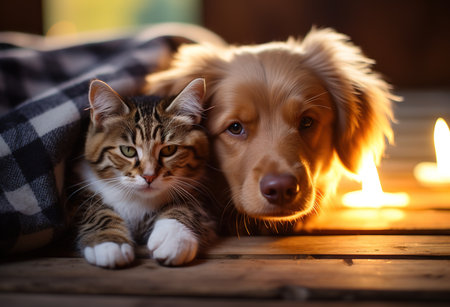 Adorable kitten and puppy show off their unlikely friendship: a touching scene for pet loversの素材