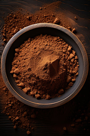 Enjoying baking: close-up of cocoa powder and chocolate pieces with spices on a rustic wooden tableの素材