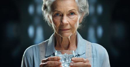 hands of an aged woman holding a glass of water. This image is perfect for illustrating the concept of health.の素材