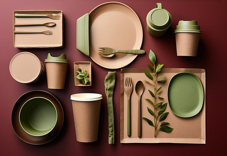 Eco-Friendly Disposable Tableware Collection on a Vibrant Green Backgroundの素材