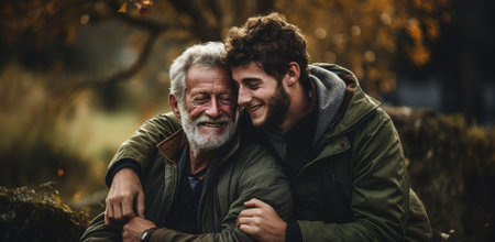 Adult son hugs old father at home, two generations wear beard, talk together and relax with smileの素材